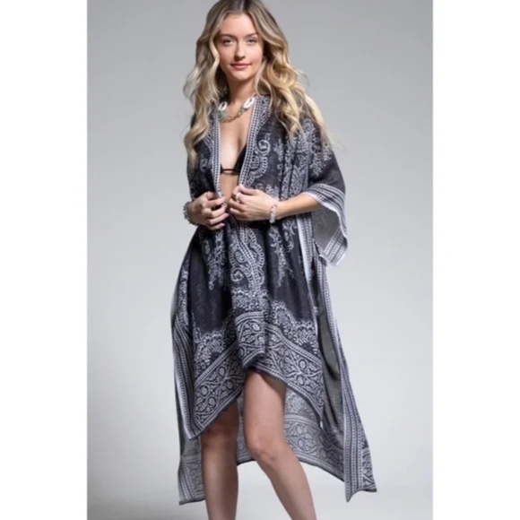 Earl Gray Bohemian Damask Paisley Printed Open Kimono Coverup Wrap - Picture 2 of 4